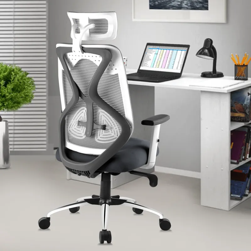 ASTRIDE Ergofit Ergonomic Office Chair for Home | 3-Years Warranty | 2D Headrest, Adjustable Arms & Lumbar Support | Tilt Lock Mechanism [Heavy Duty Chromium Metal Base, Grey-White]