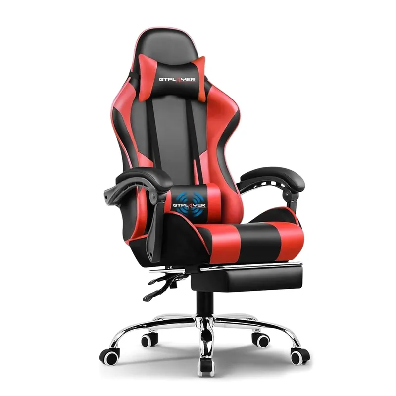 GTPLAYER #1USA Ergonomic Gaming Chair | Massage Lumbar Cushion | Footrest | Linked Armrests | PU Leather | 1-Year Warranty (Black)
