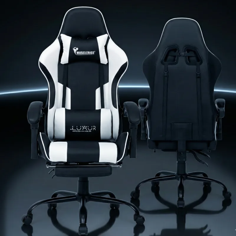 Dr Luxur Musclerice Gaming Office Chair | PU Leather | Footrest | Linkage Armrests | Lumbar Pillow
