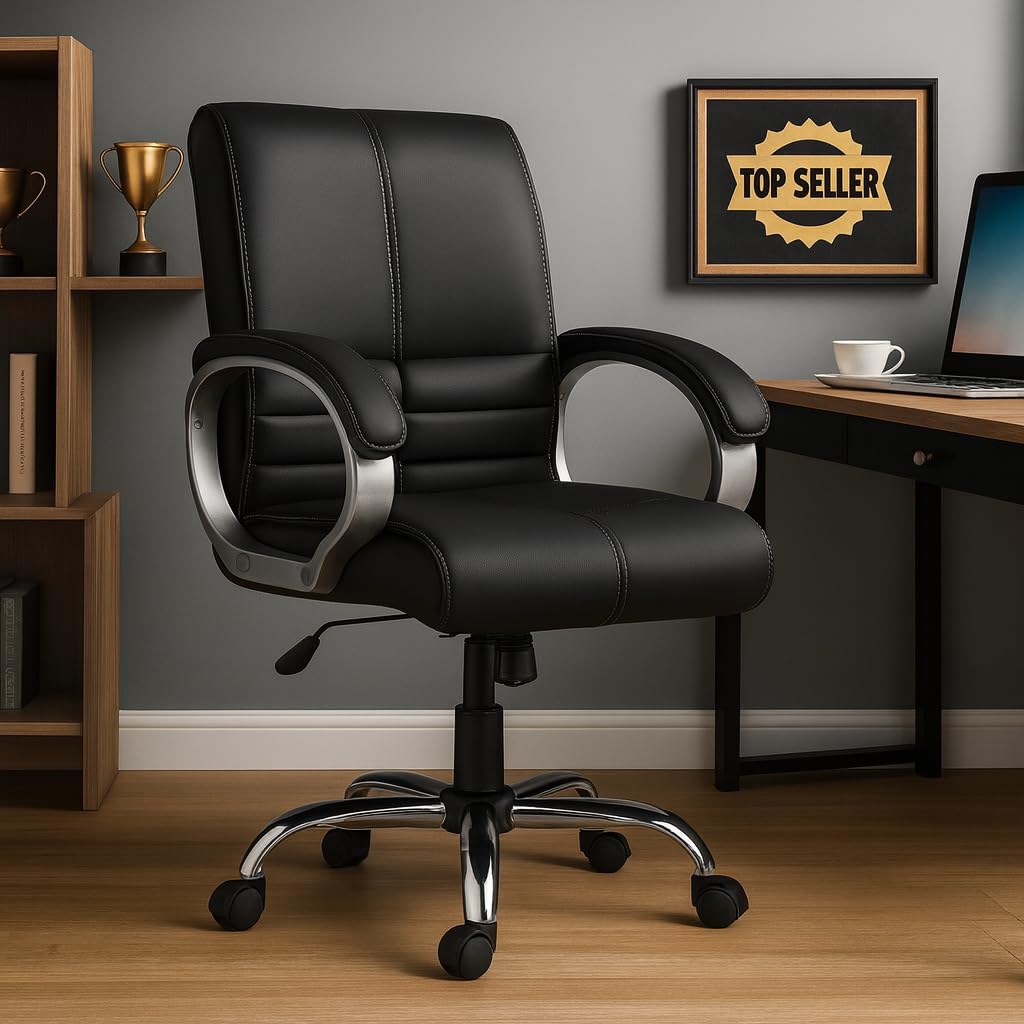 NEWTURN Maxon Mid-Back (Pre-Assembled) Premium Leatherette Work from Home/Office/Desk/Computer/Study Chair with Heavy Metal Base, Adjustable Height Chair with 2 Yrs Parts replc. Wrty (Black)