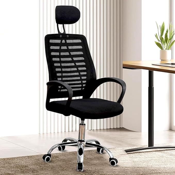 Casa Copenhagen Mesh Office Desk Chair, Rocking Ergonomic Computer Chair Adjustable High with Headrest and Comfortable Armrest Swivel Chair - Rich Black & Black Handle