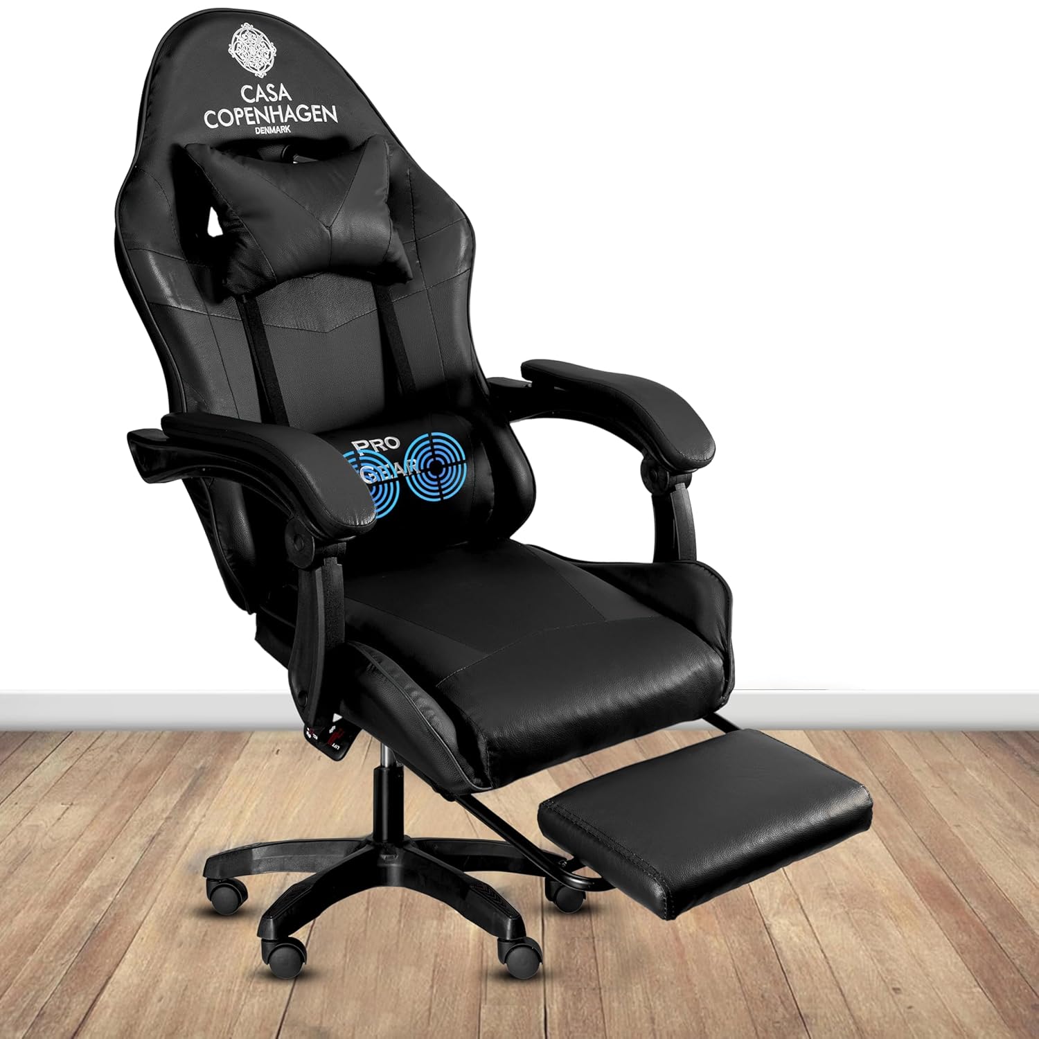 Casa Copenhagen Designed in Denmark,High-Back Italian Leather Gaming Ergonomic Chair with Advanced Mechanism & Electric Back Massager, Memory Foam Seating & Multi Function Arm-Rest - Black & Black